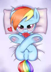 Size: 1350x1900 | Tagged: suggestive, alternate version, artist:mingy.h, derpibooru import, rainbow dash, pegasus, pony, bed, bedroom eyes, bedsheets, blushing, both cutie marks, condom, condom in mouth, dock, featureless crotch, floating heart, frog (hoof), heart, legs in air, looking at you, lying down, mouth hold, pillow, presenting, solo, stupid sexy rainbow dash, underhoof