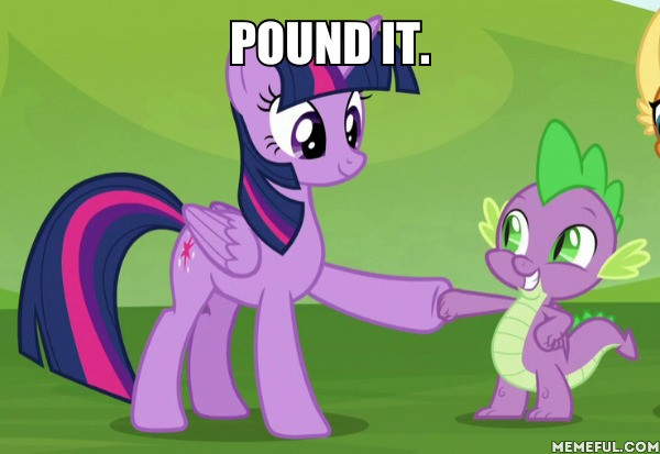 Size: 600x413 | Tagged: safe, derpibooru import, edit, edited screencap, screencap, spike, twilight sparkle, twilight sparkle (alicorn), alicorn, dragon, pony, father knows beast, caption, cropped, hoofbump, image macro, meme, miraculous ladybug, text, winged spike