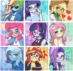 Size: 878x850 | Tagged: safe, artist:caibaoreturn, derpibooru import, applejack, fluttershy, pinkie pie, rainbow dash, rarity, sci-twi, starlight glimmer, sunset shimmer, trixie, twilight sparkle, equestria girls, adorkable, anime, barrette, beanie, blushing, book, bracelet, cardigan, china ponycon, clothes, cowboy hat, crossed arms, crystal prep academy uniform, cute, cutie mark, cutie mark background, cutie mark on clothes, dashabetes, diapinkes, diatrixes, dork, dress, female, freckles, glasses, glasses rarity, glimmerbetes, hairclip, hairpin, hat, hoodie, humane five, humane nine, humane seven, humane six, jackabetes, jacket, jewelry, looking at you, magical quartet, magical quintet, mane six, meganekko, necktie, nonet, open mouth, peace sign, ponytail, pose, raribetes, rarity's glasses, school uniform, selfie, shimmerbetes, shirt, shyabetes, smiling, specs appeal, stetson, sunglasses, sweatband, tanktop, twiabetes, uniform, vest, wristband