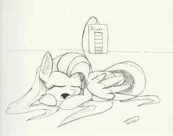 Size: 2479x1954 | Tagged: safe, artist:taurson, derpibooru import, fluttershy, pegasus, pony, charging, eyes closed, female, inktober, inktober 2018, mare, monochrome, open mouth, power bank, prone, recharging, sleeping, solo, traditional art, wings