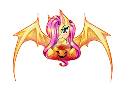 Size: 4092x2893 | Tagged: safe, artist:minamikoboyasy, derpibooru import, fluttershy, bat pony, pony, bat ponified, female, flutterbat, halloween, holiday, jack-o-lantern, looking at you, mare, pumpkin, race swap, simple background, solo, transparent background