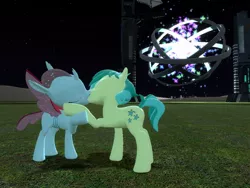 Size: 1024x768 | Tagged: safe, artist:ma3a, derpibooru import, ocellus, sandbar, changedling, changeling, pony, 3d, contact, eyes closed, female, gmod, grass, implied infidelity, jewelry, kissing, machine, machine saga timeline, male, night, ocelbar, portal, ring, shipping, straight