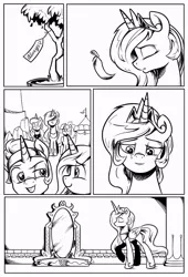 Size: 680x1000 | Tagged: safe, artist:z-y-c, derpibooru import, idw, king sombra, princess celestia, princess luna, radiant hope, twilight sparkle, twilight sparkle (alicorn), alicorn, pony, unicorn, spoiler:comic, comic, crying, eyes closed, female, grayscale, lineart, mare, mirror, monochrome, reformed sombra, smiling