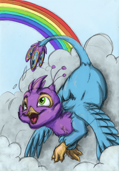 Size: 1740x2491 | Tagged: safe, artist:cutepencilcase, artist:gyrotech, color edit, deleted from derpibooru, derpibooru import, edit, oc, oc:gyro feather, oc:gyro tech, gryphon, colored, flying, griffonized, griffon oc, rainbow, species swap, traditional art