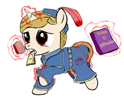 Size: 1256x1005 | Tagged: safe, artist:uncreative, derpibooru import, oc, oc:regal inkwell, unofficial characters only, pony, book, clothes, hat, robe, running, school uniform, schoolgirl toast, simple background, solo, transparent background, uniform, younger