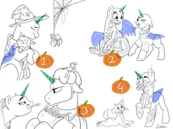 Size: 1280x954 | Tagged: advertisement, artist:rutkotka, candy, cat, clothes, commission, costume, derpibooru import, female, filly, food, funny, halloween, holiday, male, mare, mother, oc, pumpkin, safe, skeleton costume, spider, spider web, stallion, surgeon, timber wolf, witch, your character here