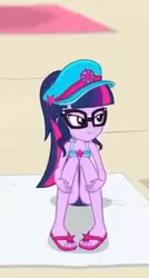 Size: 166x309 | Tagged: safe, derpibooru import, screencap, sci-twi, twilight sparkle, equestria girls, equestria girls series, forgotten friendship, clothes, cropped, feet, female, flip-flops, geode of telekinesis, glasses, hat, legs, magical geodes, ponytail, sandals, solo, swimsuit