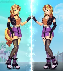 Size: 891x1000 | Tagged: safe, artist:draltruist, derpibooru import, sunset shimmer, anthro, human, plantigrade anthro, unicorn, equestria girls, belly button, belt, boots, breasts, busty sunset shimmer, clothes, cutie mark, duality, female, high heel boots, human anthrodox, human coloration, humanized, jacket, leather, leather jacket, midriff, miniskirt, nail polish, shoes, skirt, socks, stockings, thigh highs, zettai ryouiki