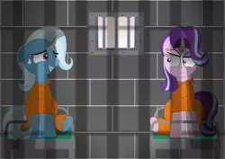 Size: 2120x1500 | Tagged: safe, artist:spellboundcanvas, derpibooru import, starlight glimmer, trixie, pony, bed, clothes, horn, horn cap, magic suppression, prison, prison outfit, prisoner, window