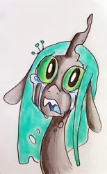 Size: 2066x3348 | Tagged: artist:smirk, bust, changeling, crying, crysalis, derpibooru import, floppy ears, queen chrysalis, sad, safe, solo, traditional art