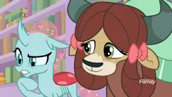 Size: 1920x1080 | Tagged: bow, changedling, changeling, cute, derpibooru import, diaocelles, edit, edited screencap, female, hair bow, library, monkey swings, ocellus, pony eyes, pony eyes edit, safe, screencap, slit pupils, tired, what lies beneath, yak, yona, yonadorable