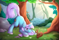 Size: 1280x877 | Tagged: safe, artist:d-sixzey, artist:dsixzey, derpibooru import, oc, oc:lemon code, unofficial characters only, pony, squirrel, unicorn, acorn, commission, digital art, eye clipping through hair, face down ass up, female, forest, glasses, grass, mare, pink hair, pink mane, pink tail, rock, smiling, solo, tree, unshorn fetlocks, ych result