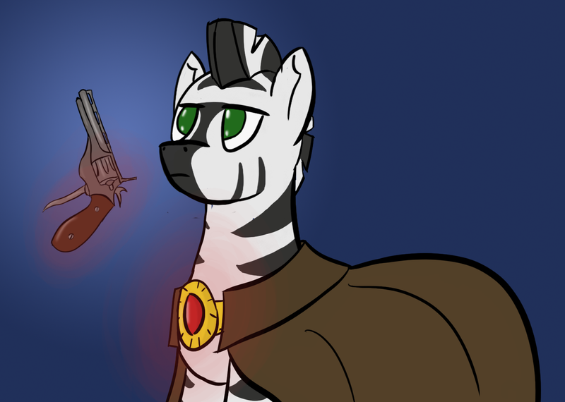 Size: 1436x1024 | Tagged: amulet, artist:quarmaid, clothes, coat, derpibooru import, fallout, fallout equestria, green eyes, gun, handgun, jewelry, magic, oc, revolver, safe, telekinesis, unofficial characters only, weapon, zebra, zebra oc