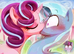 Size: 1162x848 | Tagged: suggestive, artist:sunibee, derpibooru import, starlight glimmer, trixie, twilight sparkle, twilight sparkle (alicorn), alicorn, pony, unicorn, blushing, eyes closed, eyeshadow, female, french kiss, jealous, kissing, lesbian, lipstick, makeup, mare, shipping, shocked, startrix, surprise kiss, sweat, wide eyes