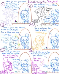 Size: 1280x1611 | Tagged: safe, artist:adorkabletwilightandfriends, derpibooru import, carrot top, cloudchaser, golden harvest, minuette, thunderlane, twilight sparkle, twilight sparkle (alicorn), oc, oc:rachel, alicorn, earth pony, pegasus, pony, unicorn, comic:adorkable twilight and friends, adorkable, adorkable twilight, background pony, bank, bun, candy, comic, cute, dork, fail, food, humor, let down, line, lineart, lollipop, magic, mug, pen, slice of life