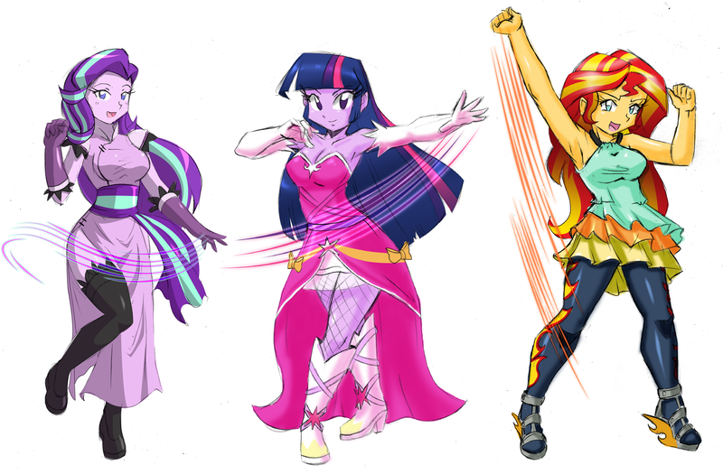 Size: 4762x3128 | Tagged: safe, artist:danmakuman, derpibooru import, edit, editor:backgroundlol, starlight glimmer, sunset shimmer, twilight sparkle, equestria girls, armpits, boots, cheongsam, clothes, commission, costume, counterparts, cutie mark accessory, dress, female, gloves, high heel boots, high res, looking at you, magical trio, non-shipping, open mouth, pantyhose, raised leg, shoes, simple background, smiling, socks, stockings, thigh highs, trio, twilight's counterparts, white background