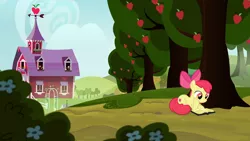 Size: 1920x1080 | Tagged: safe, derpibooru import, screencap, apple bloom, pony, marks for effort, apple, apple tree, book, female, filly, flower, food, prone, reading, solo, sweet apple acres, tree