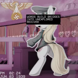 Size: 2000x2000 | Tagged: safe, artist:horsefoxtrot, derpibooru import, edit, oc, oc:aryanne, pony, art, aryan, aryan pony, blonde, fashwave, germany, nationalism, nazi, nazipone, power, reichsalicorn, speech, strong, swastika, talking, vaporwave