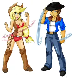 Size: 2048x2201 | Tagged: safe, artist:danmakuman, derpibooru import, edit, applejack, caramel, equestria girls, bikini, breasts, carajack, cleavage, clothes, costume, cowboy, cowgirl, equestria girls-ified, female, hat, male, pants, shipping, shirt, simple background, straight, swimsuit, white background