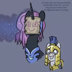 Size: 500x500 | Tagged: safe, artist:bigrigs, derpibooru import, nightmare moon, pony, alternate timeline, armor, blatant lies, cute, disguise, duo, gray background, grin, helmet, moonabetes, nervous, nervous grin, nightmare takeover timeline, paper-thin disguise, royal guard, seems legit, simple background, smiling, sweat