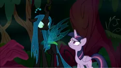 Size: 1248x702 | Tagged: safe, derpibooru import, screencap, mean twilight sparkle, queen chrysalis, alicorn, changeling, changeling queen, pony, the mean 6, clone, duo, everfree forest, female, insulted, looking at each other, mare