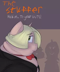 Size: 2500x3000 | Tagged: semi-grimdark, artist:lupin quill, derpibooru import, oc, oc:gilded swing, unofficial characters only, pony, bowtie, chubby cheeks, clothes, double chin, fat, halloween, holiday, horror movie, morbidly obese, movie poster, obese, offscreen character, parody, rolls of fat, suit, tight clothing, wardrobe malfunction