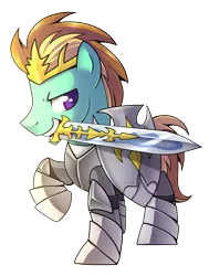Size: 1590x2100 | Tagged: safe, artist:drawntildawn, derpibooru import, oc, oc:shrike, unofficial characters only, pony, armor, fantasy class, final fantasy, final fantasy xiv, knight, male, metal armor, paladin, shrike ffxiv job crystal series, simple background, solo, stallion, sword, transparent background, warrior, weapon