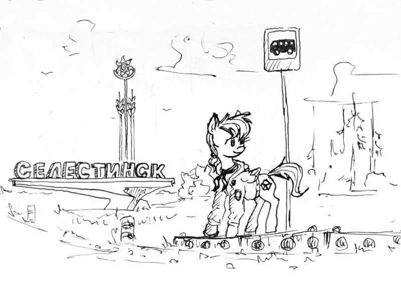 Size: 1280x902 | Tagged: safe, artist:agm, derpibooru import, oc, oc:volga pony, earth pony, pegasus, pony, architecture, black and white, bus stop, cyrillic, grayscale, inktober, monochrome, russian, soviet union