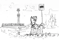 Size: 1280x902 | Tagged: safe, artist:agm, derpibooru import, oc, oc:volga pony, earth pony, pegasus, pony, architecture, black and white, bus stop, cyrillic, grayscale, inktober, monochrome, russian, soviet union