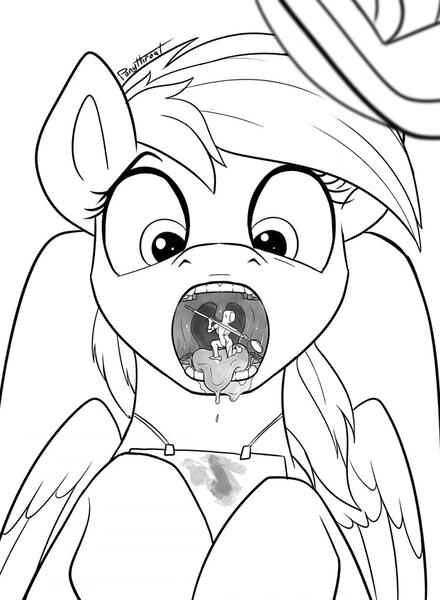 Size: 900x1227 | Tagged: source needed, suggestive, artist:ponythroat, derpibooru import, rainbow dash, human, fanfic:tales from tinies, brush, dentist, dentist's office, drool, esophagus, gullet, halitosis, human teeth, imminent vore, implied colgate, implied minuette, mawshot, micro, open mouth, preddash, saliva puddle, salivating, tempting fate, the gulper, tongue out, uvula