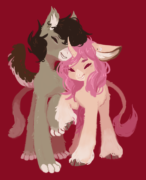 Size: 1280x1576 | Tagged: safe, artist:aphphphphp, derpibooru import, oc, oc:tarot, oc:xor, unofficial characters only, classical unicorn, pony, sphinx, unicorn, cloven hooves, couple, cuddling, cute, ear piercing, female, floppy ears, fluffy, hooves, interspecies, leonine tail, long tail, male, mare, oc x oc, piercing, romantic, shipping, simple background, smiling, snuggling, sphinx oc, straight, taror, unshorn fetlocks, wings