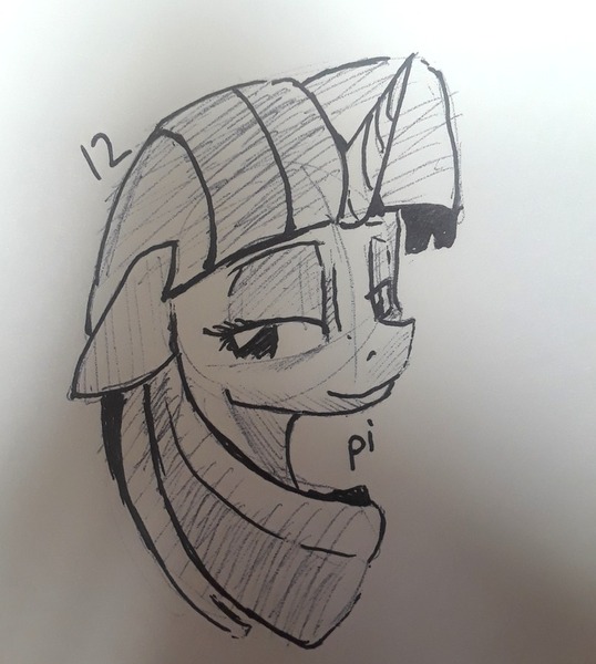 Size: 773x862 | Tagged: safe, artist:post-it, derpibooru import, twilight sparkle, pony, bust, female, floppy ears, ink drawing, inktober, lidded eyes, looking away, mare, monochrome, simple background, sketch, smiling, solo, traditional art, white background