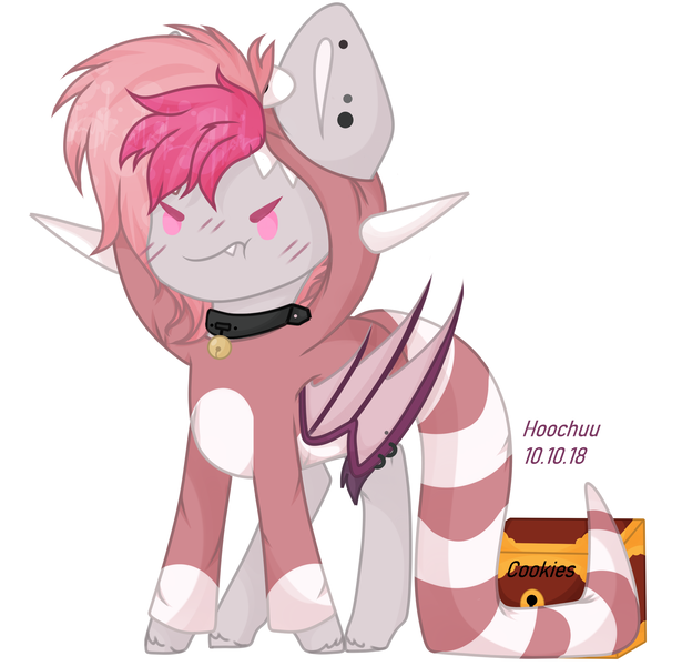 Size: 2508x2447 | Tagged: safe, artist:hoochuu, derpibooru import, oc, oc:candy quartz, unofficial characters only, bat pony, pony, bat pony oc, bat wings, blushing, clothes, collar, commission, costume, cute, ear piercing, fangs, female, mare, monster, piercing, pouting, simple background, solo, treasure chest, two toned mane, weapons-grade cute, wings, ych result