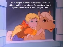 Size: 576x432 | Tagged: barn, bow, clothes, cropped, derpibooru import, edit, edited screencap, female, g1, hair bow, horse, human, mare, megan williams, rescue at midnight castle, safe, screencap, text, the twilight zone, tj, vest