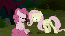 Size: 1249x702 | Tagged: safe, derpibooru import, screencap, fluttershy, mean fluttershy, mean pinkie pie, earth pony, pegasus, pony, the mean 6, angry, bully, bullying, clone, duo, evil laugh, female, flutterbitch, laughing, mare, narrowed eyes, sitting, unamused