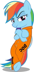 Size: 552x1160 | Tagged: safe, artist:spellboundcanvas, derpibooru import, rainbow dash, pony, bound wings, clothes, crossed hooves, prison, prison outfit, prisoner, prisoner rd, raised eyebrow, shank, simple background, solo, transparent background, weapon, wings