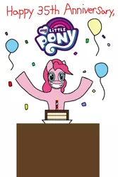 Size: 720x1080 | Tagged: 35th anniversary, artist:gameplay the pony, balloon, cake, candle, celebration, cheering, colored, confetti, congratulations, cute, derpibooru import, digital art, food, happy, mlp anniversary, pinkie pie, safe, smiling, solo