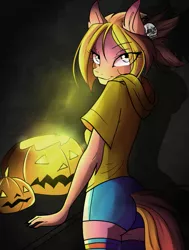Size: 979x1293 | Tagged: safe, artist:imbrina, derpibooru import, oc, unofficial characters only, anthro, earth pony, :3, anthro oc, clothes, commission, digital art, ear fluff, eye clipping through hair, female, halloween, holiday, jack-o-lantern, looking at you, looking back, looking back at you, mare, pumpkin, shorts, skull, smiling, smirk, solo, ych result