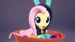 Size: 1920x1080 | Tagged: safe, artist:flushthebatsanta, derpibooru import, fluttershy, pegasus, pony, 3d, :p, bowl, bunny ears, clothes, costume, cute, dangerous mission outfit, easter, easter egg, female, goggles, holiday, hoodie, looking at you, mare, prone, shyabetes, silly, simple background, smiling, solo, source filmmaker, tongue out