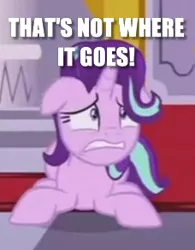 Size: 228x293 | Tagged: suggestive, derpibooru import, edit, edited screencap, screencap, starlight glimmer, pony, unicorn, a royal problem, caption, cropped, female, gritted teeth, image macro, mare, meme, prone, solo, text, wrong hole