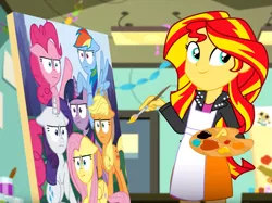 Size: 1011x758 | Tagged: safe, derpibooru import, edit, edited screencap, screencap, applejack, fluttershy, pinkie pie, rainbow dash, rarity, sunset shimmer, twilight sparkle, eqg summertime shorts, equestria girls, the art of friendship, :i, crossing the memes, exploitable meme, i mean i see, mane six, mane six opening poses, meme, memeception, paint, paintbrush, painting, sunset's painting