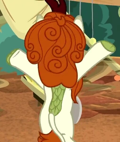 Size: 606x715 | Tagged: autumn blaze, bipedal, cropped, derpibooru import, kirin, rear view, safe, screencap, solo, sounds of silence