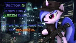 Size: 1920x1080 | Tagged: safe, artist:spinostud, derpibooru import, sea swirl, seafoam, pony, unicorn, 3d, city, cityscape, commander, green zone, gun, looking sideways, military, military uniform, random pony, rifle, sector g, solo, source filmmaker, weapon