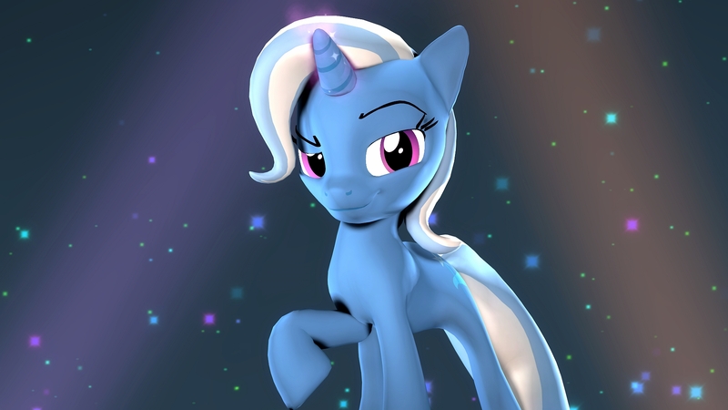 Size: 1920x1080 | Tagged: safe, artist:flushthebatsanta, derpibooru import, trixie, pony, unicorn, 3d, female, grin, looking at you, mare, raised hoof, smiling, solo, source filmmaker