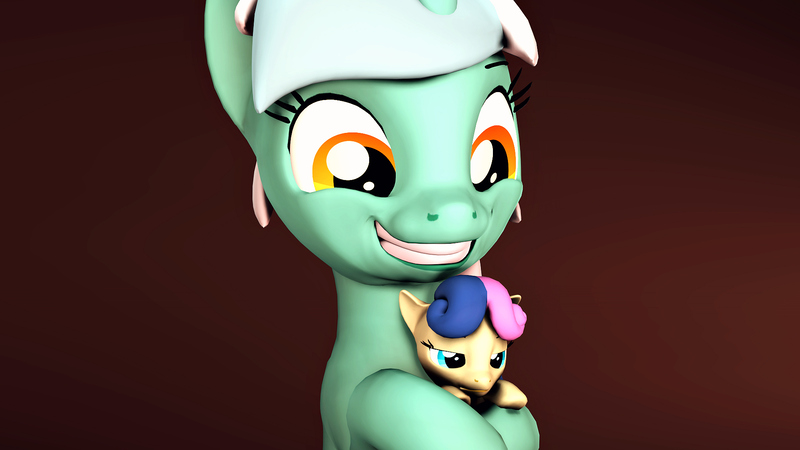 Size: 1920x1080 | Tagged: safe, artist:flushthebatsanta, derpibooru import, bon bon, lyra heartstrings, sweetie drops, earth pony, pony, unicorn, 3d, bon bon is not amused, female, happy, holding, holding a pony, looking down, mare, size difference, smiling, source filmmaker, tiny, tiny ponies, unamused