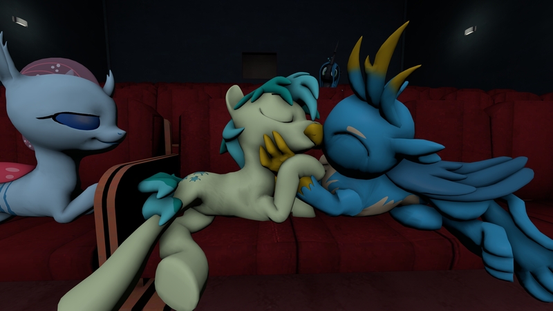 Size: 3840x2160 | Tagged: safe, artist:ma3a, derpibooru import, gallus, ocellus, queen chrysalis, sandbar, changedling, changeling, earth pony, gryphon, pony, 3d, bisexual, cinema, claws, eyes closed, female, gallbar, gallbarlus, gay, gay in front of girls, interspecies, kissing, love, love triangle, machine saga timeline, making out, male, movie, ocelbar, paws, polyamory, shipping, source filmmaker, straight, teenager