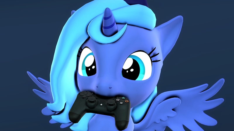 Size: 1920x1080 | Tagged: safe, artist:flushthebatsanta, derpibooru import, princess luna, alicorn, pony, gamer luna, 3d, controller, cute, dualshock controller, female, filly, looking at you, lunabetes, mouth hold, nom, smiling, solo, source filmmaker, spread wings, wings, woona, younger
