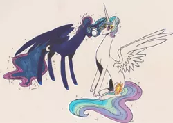 Size: 1024x724 | Tagged: safe, artist:draw1709, derpibooru import, princess celestia, princess luna, pony, eyeshadow, horn, horns are touching, magic, makeup, royal sisters, traditional art