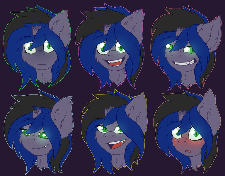 Size: 3200x2500 | Tagged: safe, artist:fkk, derpibooru import, oc, oc:kuro, unofficial characters only, alicorn, bat pony, bat pony alicorn, pony, alicorn oc, bat pony oc, bat wings, broken horn, bust, commission, emoji, emotions, female, horn, mare, solo, sticker, sticker set, wings, ych result