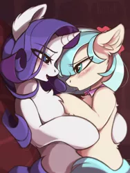 Size: 2260x3000 | Tagged: suggestive, artist:ritter, derpibooru import, coco pommel, rarity, earth pony, pony, unicorn, blushing, chest fluff, cocobetes, cute, drool, drool string, ear fluff, eye clipping through hair, female, females only, hug, implied kissing, kissing, lesbian, looking at each other, mare, marshmallow coco, open mouth, raribetes, shipping, sloppy kissing, tongue out